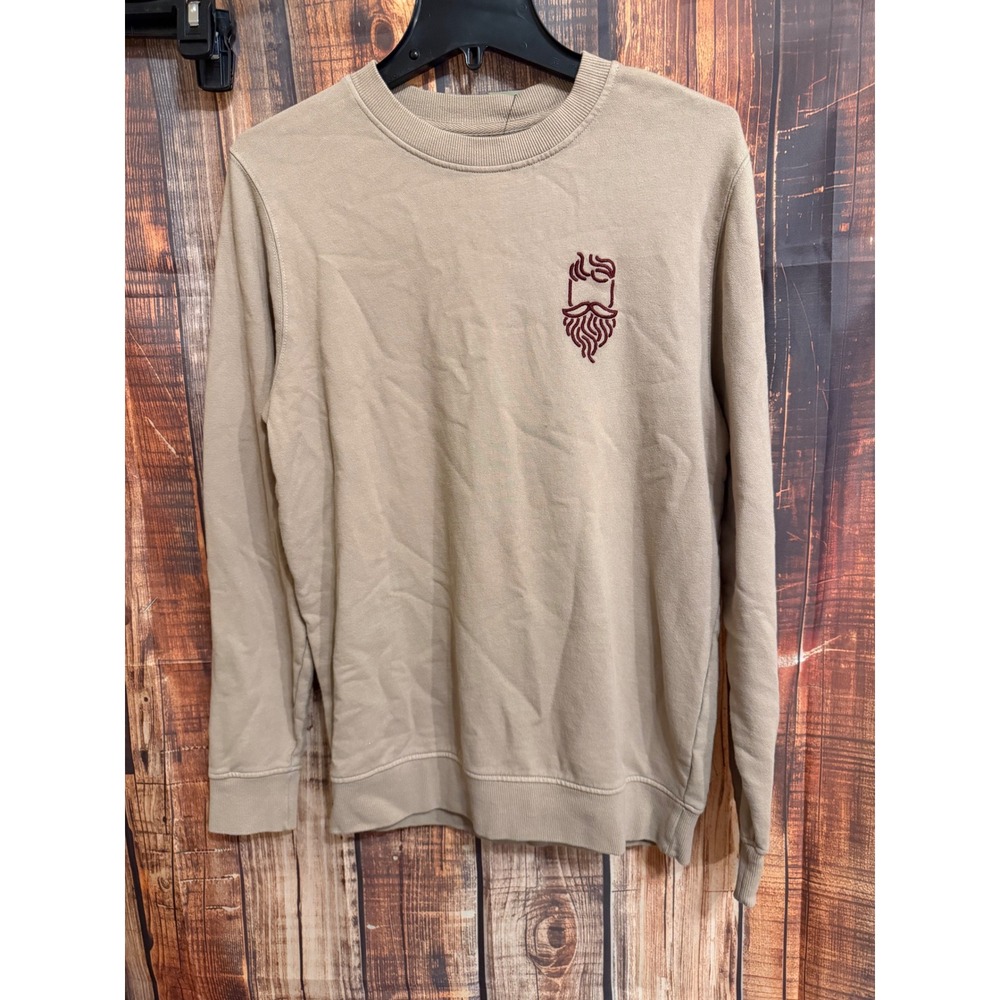 Goodfellow & Co Mens Tan Crewneck Sweatshirt Embroidered Beard Graphic NWT